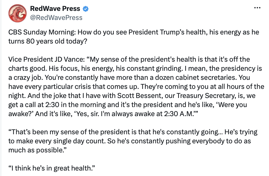President Donald J. Trump amplified praise of his health by sharing a screenshot on Truth Social on 06/28/2026.
