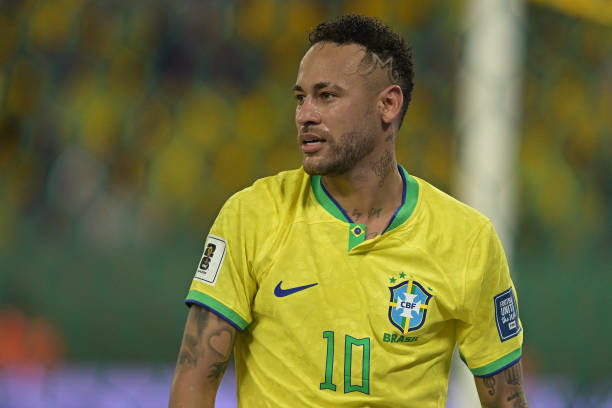 Neymar Jr. of Brazil looks on during a FIFA World Cup 2026 Qualifier match between Brazil and Venezuela at Arena Pantanal on October 12, 2023 in Cuiaba, Brazil