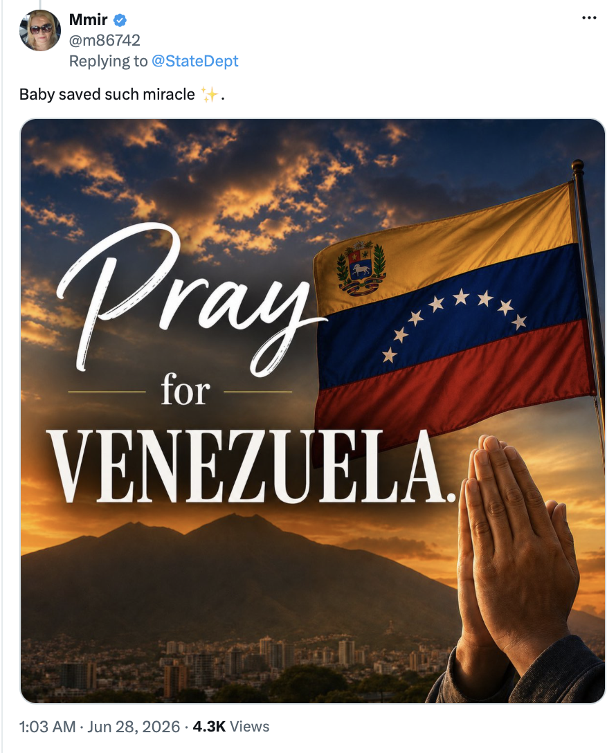 President Donald J. Trump shares a "Pray for Venezuela" image on Truth Social at the White House on 06/28/2026.