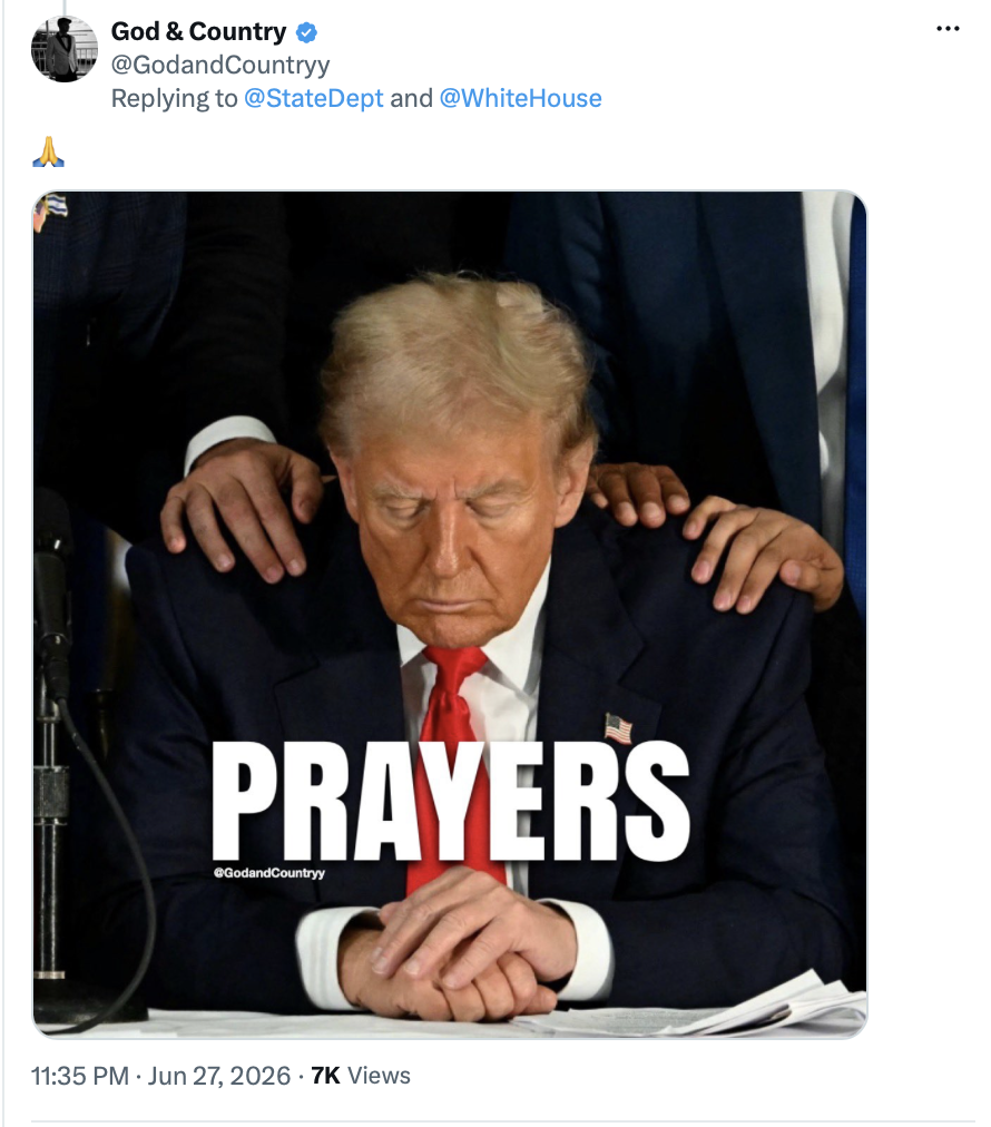 A man prays with hands clasped and head bowed as other hands rest on his shoulders at an undisclosed location on 06/28/2026. The image was shared by Donald J.