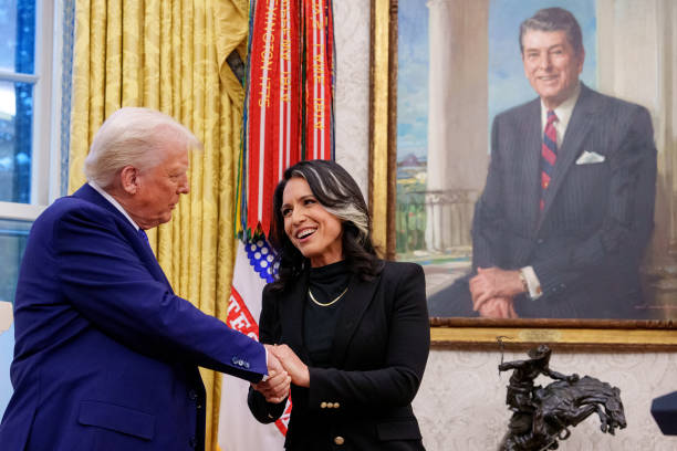 Tulsi Gabbard shakes hands with U.S. President Donald Trump in the Oval Office at the White House