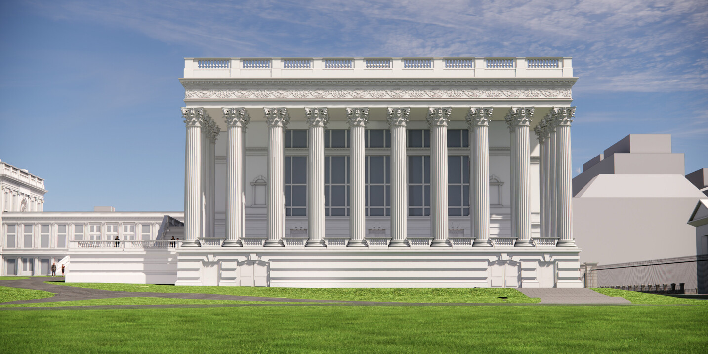 The Great National Security Facility and Ballroom is depicted in a 3D architectural rendering at an undisclosed location on 06/28/2026. This rendering was shared by Donald J.