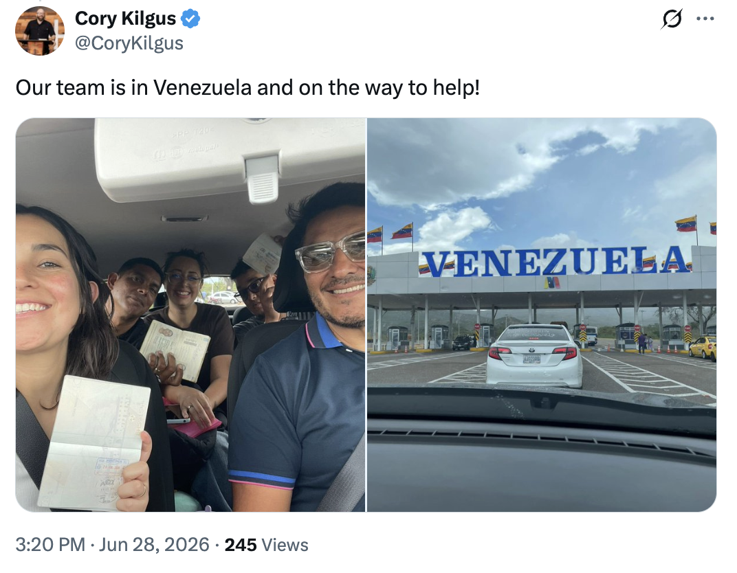 A team of individuals enters Venezuela at a border checkpoint on 06/28/2026. The nature of their mission, shared by former President Donald J.