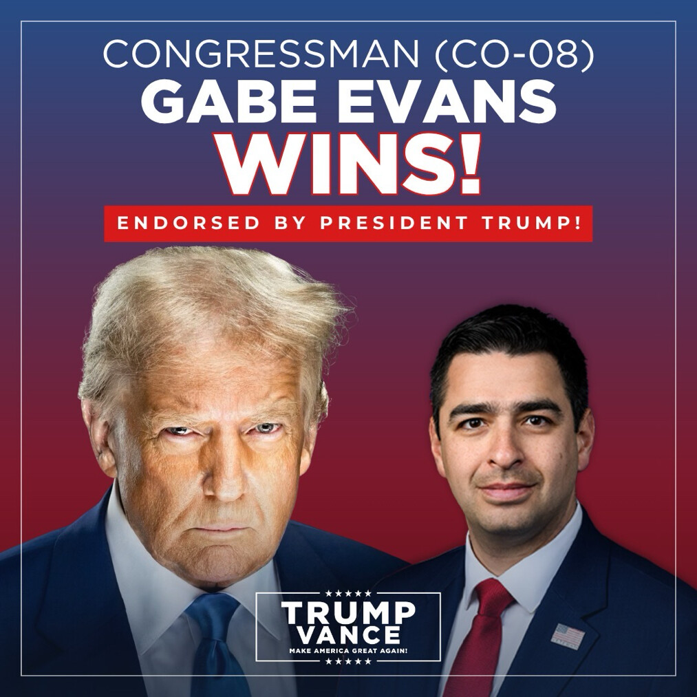 A campaign-style announcement graphic featuring the words “Congressman (CO-08) Gabe Evans WINS!” and “Endorsed by President Donald J. Trump!” is displayed on Truth Social on 06/30/2026.