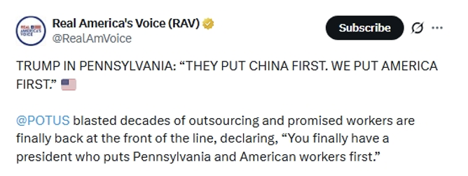 President Donald J. Trump blasted outsourcing at an event in Pennsylvania on 07/05/2026.