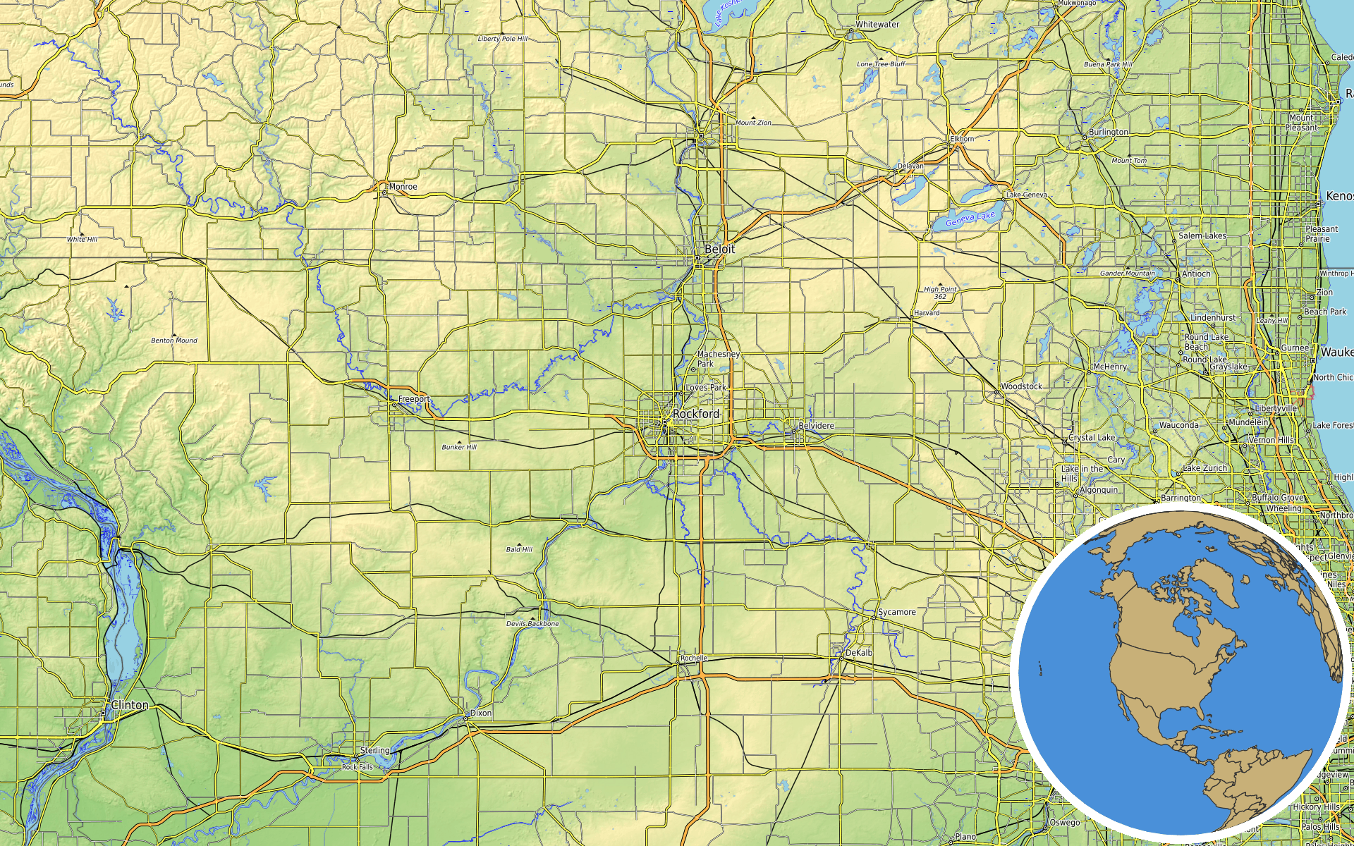 OpenTopoMap / Natural Earth - Rockford, Illinois