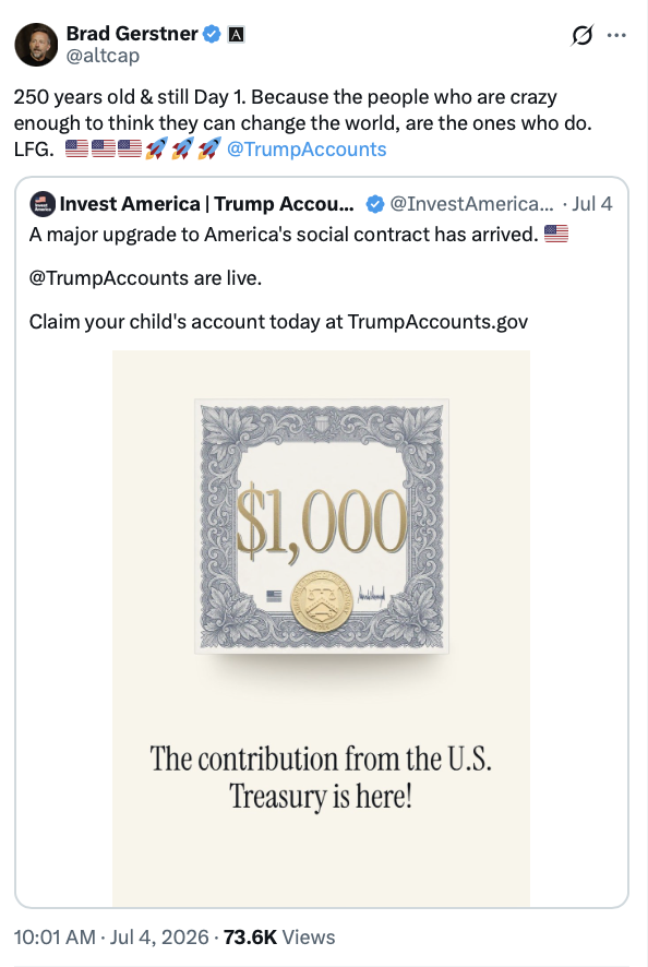 President Donald J. Trump shared a graphic promoting a new child investment account program on Truth Social on 07/27/2026.