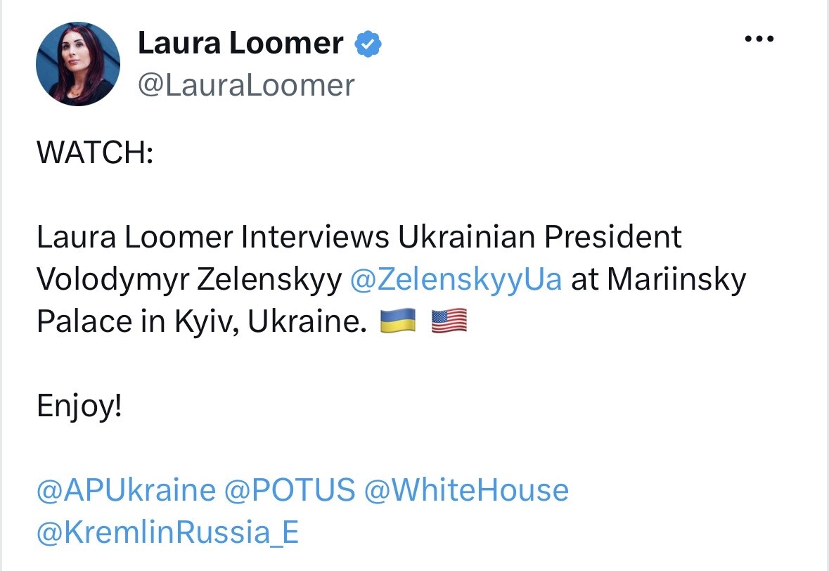 A screenshot of a social media post by Laura Loomer displays text promoting an interview with Ukrainian President Volodymyr Zelenskyy on Truth Social on 07/24/2026. Former President Donald J.