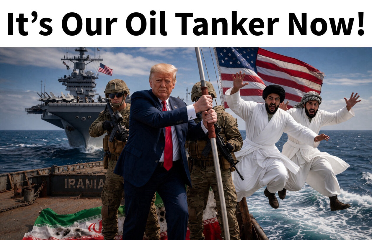 A Truth Social post displays the text 'It's Our Oil Tanker Now! IRANIA' and a Flag of the United States at Washington D.C.