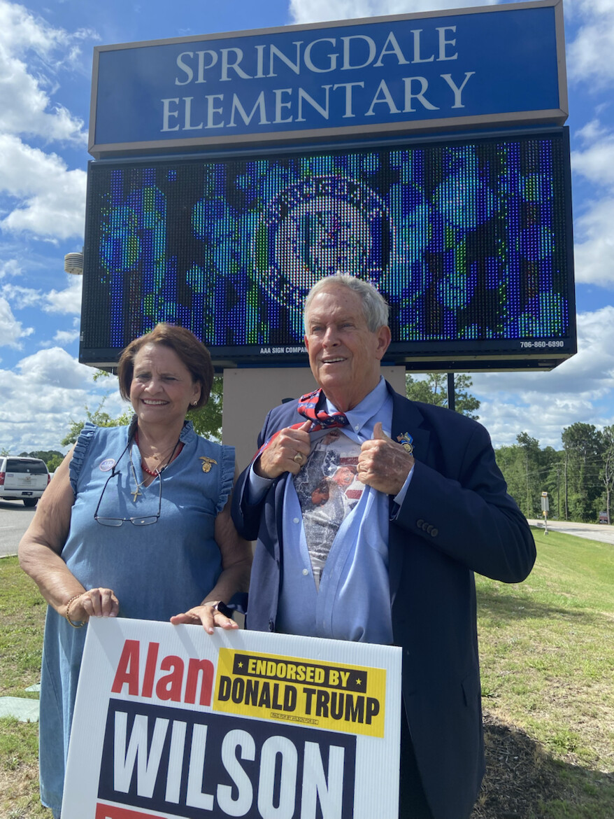A campaign sign for Alan Wilson, endorsed by Donald J. Trump, is displayed outside Springdale Elementary School in Macon, Georgia, on 07/11/2026.