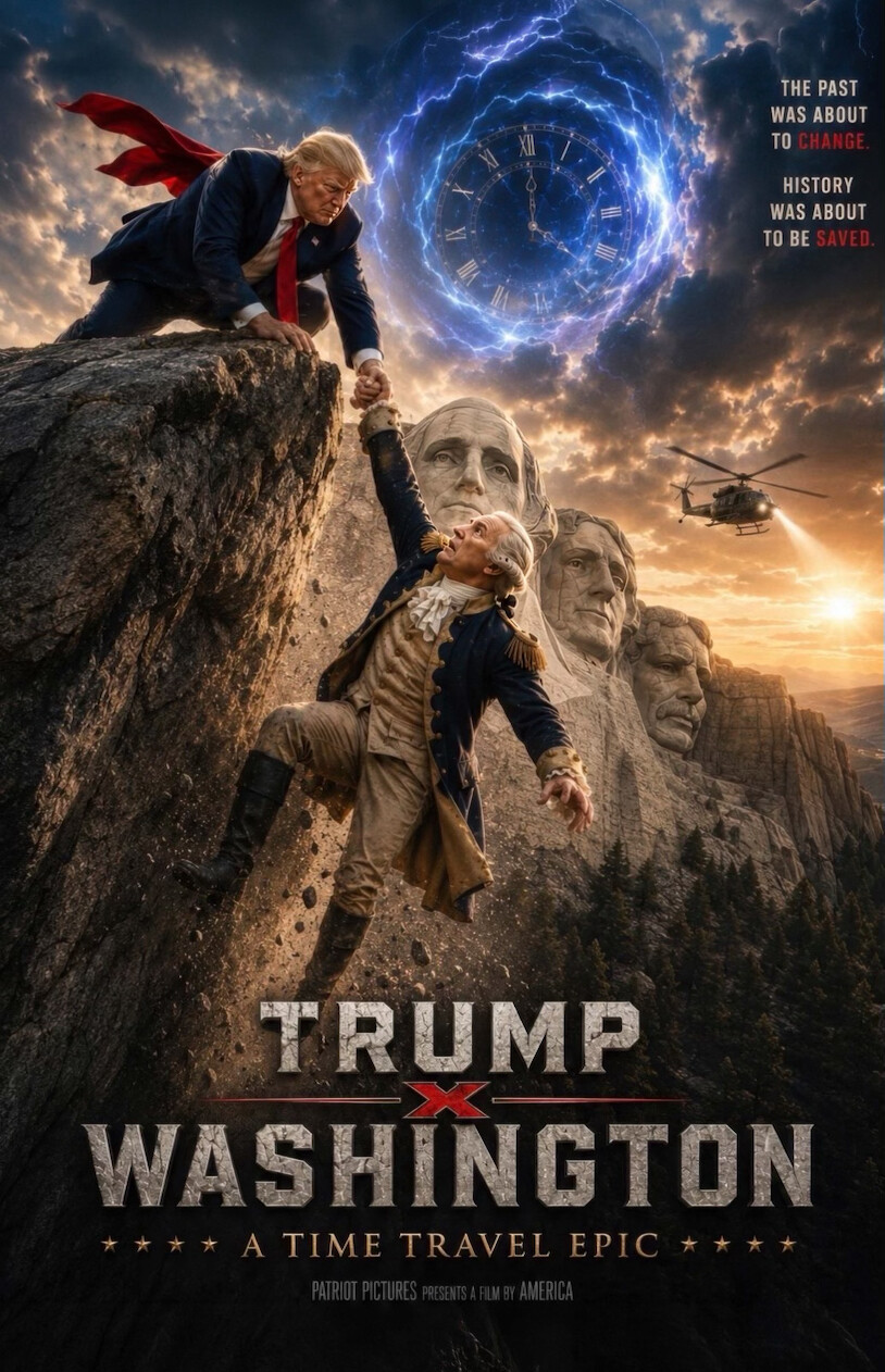 A mock movie poster depicting President Donald J. Trump as a caped hero saving George Washington was shared on Truth Social on 07/26/2026.