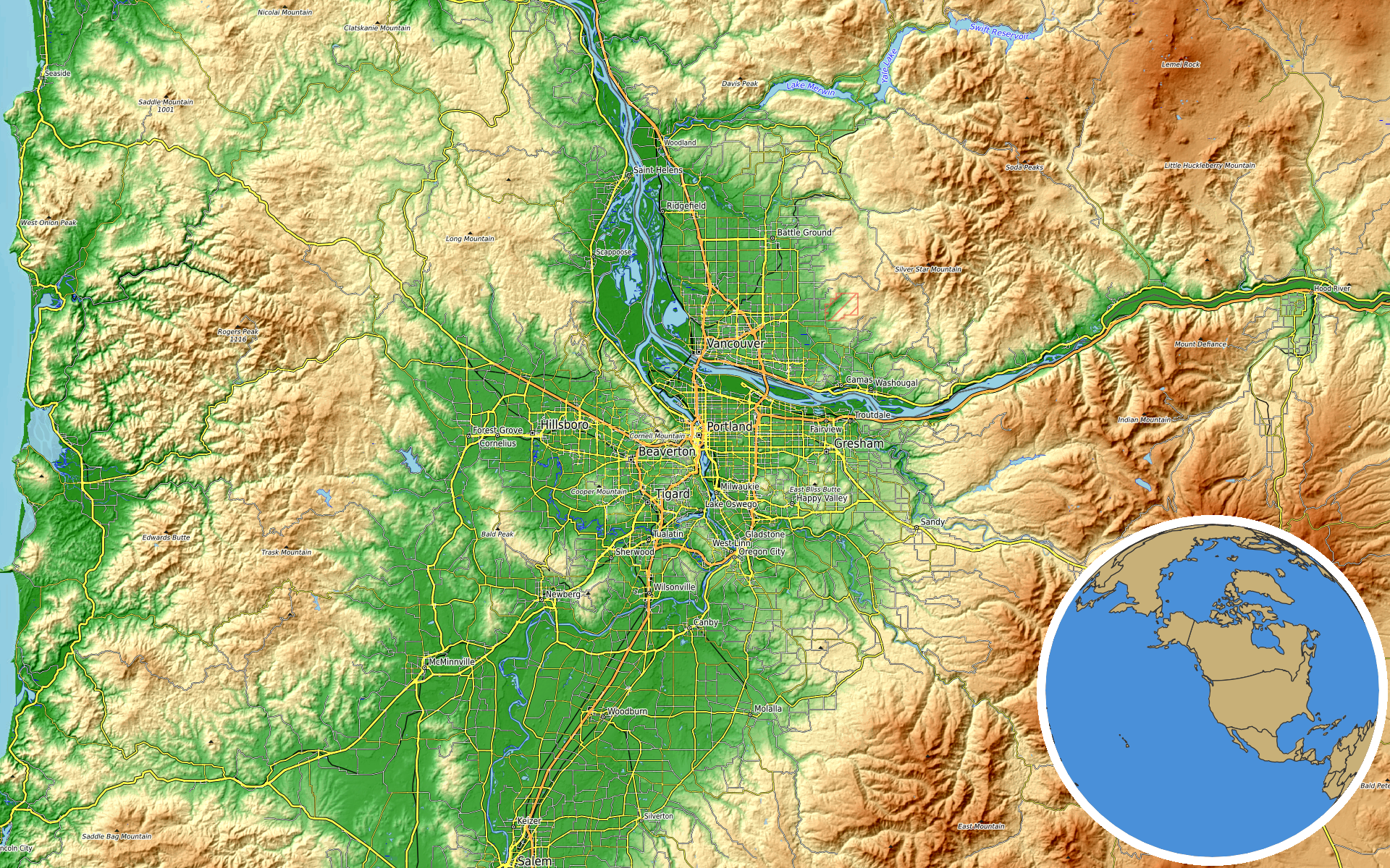 OpenTopoMap / Natural Earth - Portland, Oregon