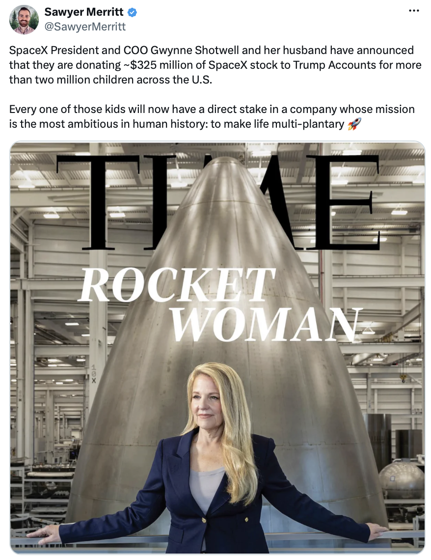 Gwynne Shotwell donates $325 million in SpaceX stock to Trump Accounts for 2 million children