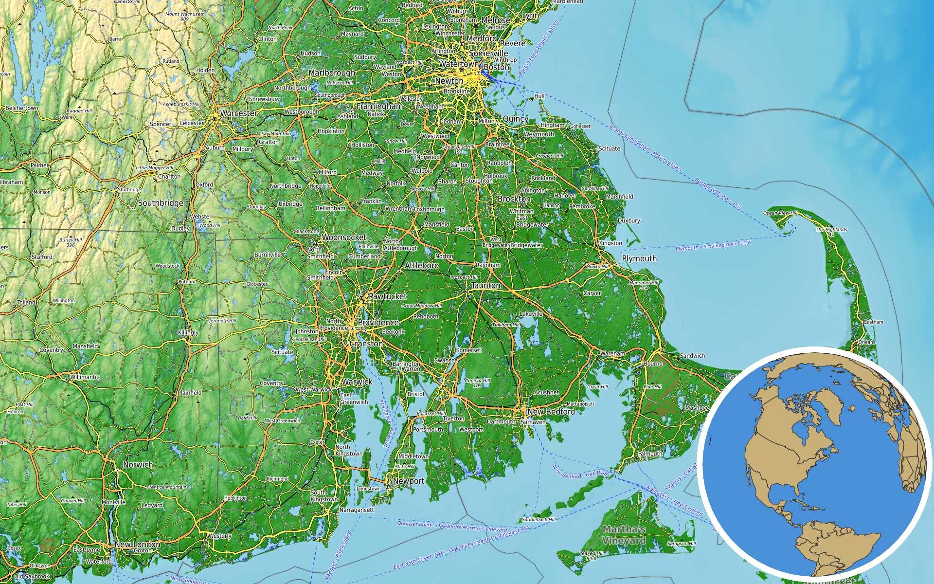 OpenTopoMap / Natural Earth - Taunton, Massachusetts