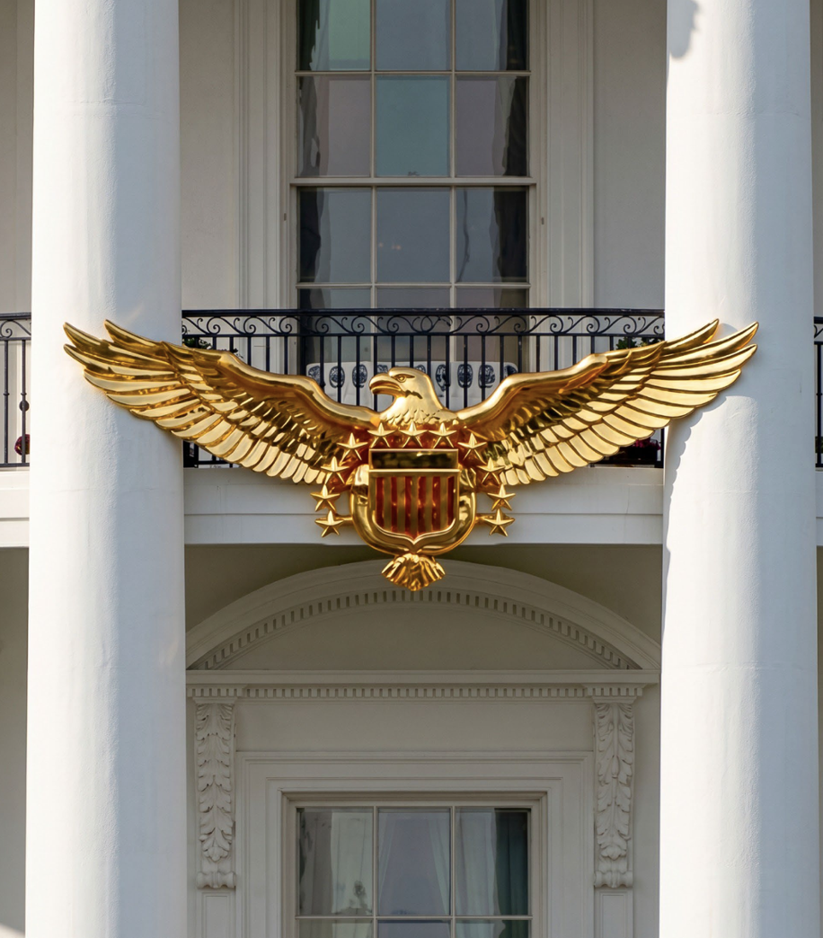 The White House golden eagle emblem is displayed at the White House on 07/05/2026. The image, posted by President Donald J.