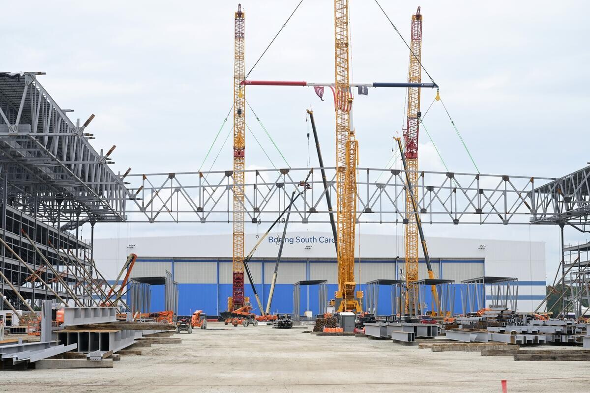 The Boeing South Carolina expansion is under construction at the Boeing facility in North Charleston, South Carolina, on 07/05/2026. The expansion represents significant new capital investment and is part of a broader pattern of industrial growth and defense manufacturing highlighted by Donald J.
