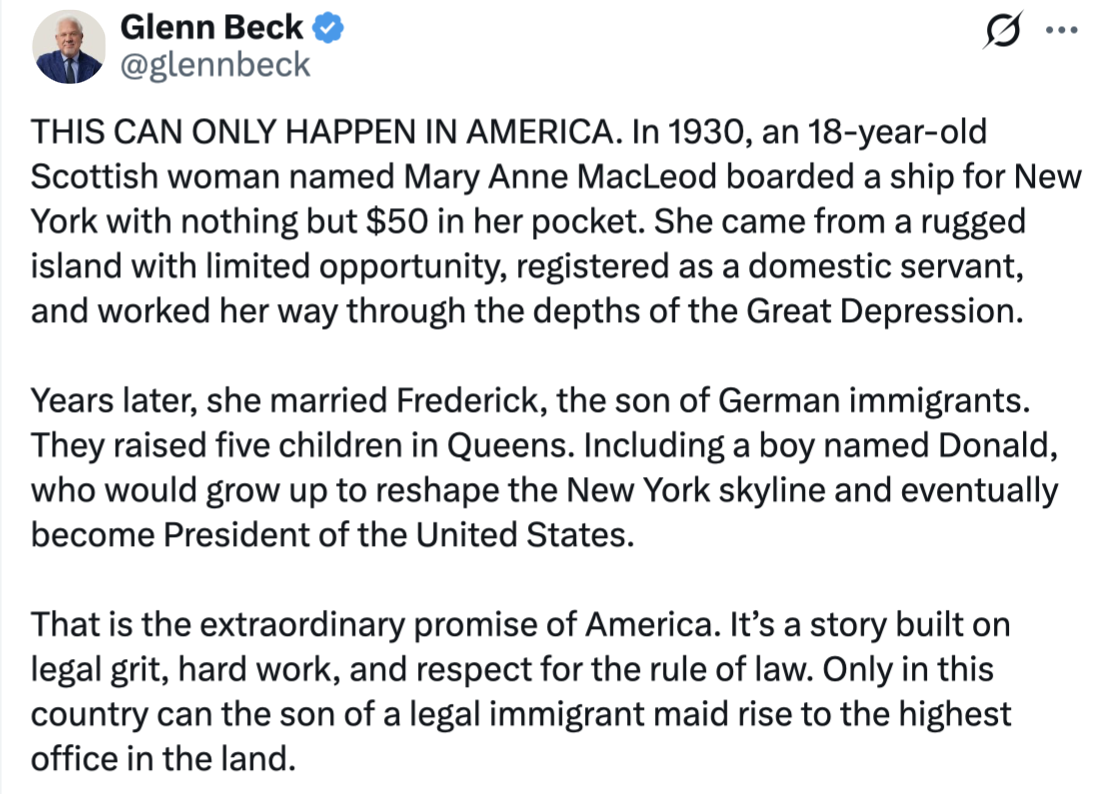 A screenshot of a social media post by Glenn Beck displays a message on Truth Social on 07/27/2026. The post, amplified by President Donald J.