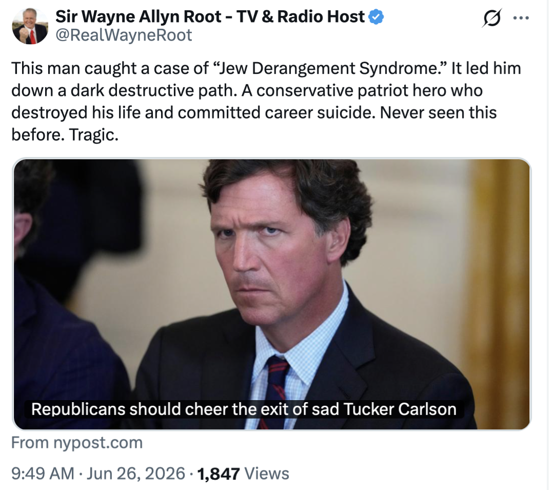 President Donald J. Trump shared a screenshot of a social media post by Wayne Allyn Root featuring a photo of Tucker Carlson at Washington D.C.