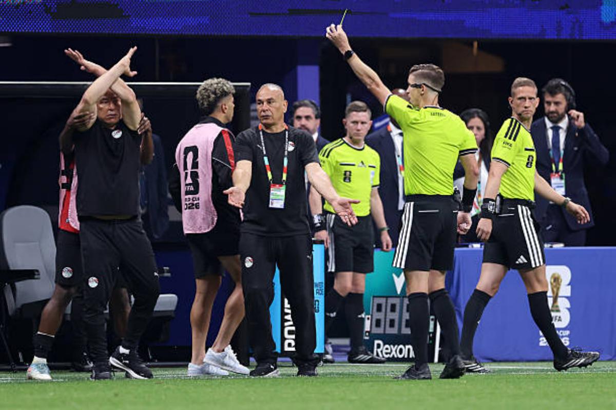 Egyptian official is shown a card after protesting to the referee about his officiating during their match against Argentina in Atlanta Stadium, Atlanta on July 7, 2026 at 6:58 PM. Photo: Catherine Ivill/AMA/Getty Images