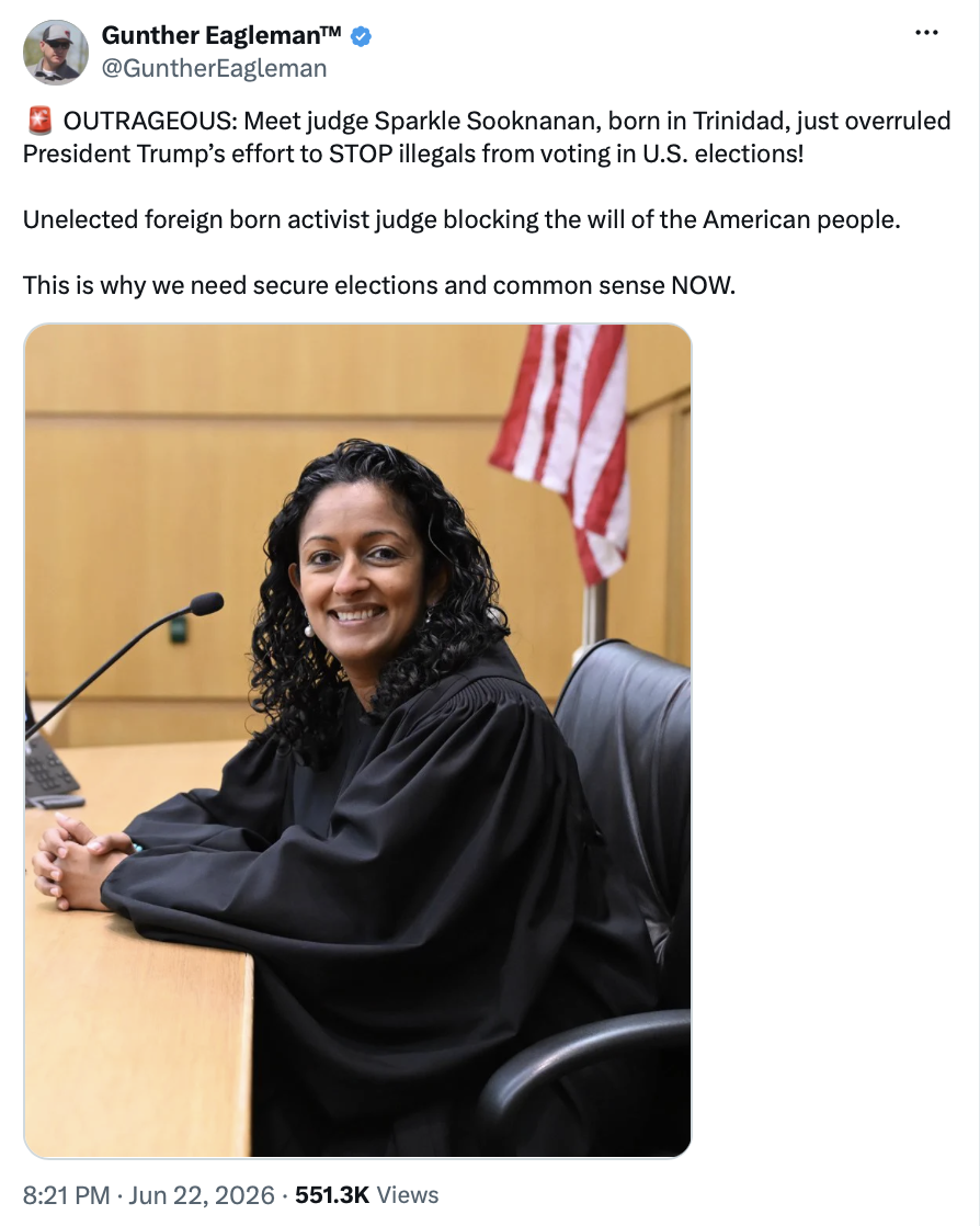Judge Sparkle Sooknanan posed in a U.S. courtroom on 06/22/2026.