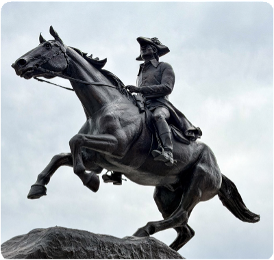 Statue of Caesar Rodney posed at Freedom Plaza in Washington, D.C. on 07/02/2026.