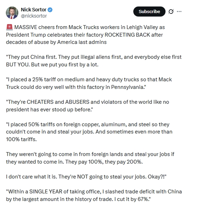 President Donald J. Trump shared a post by Nick Sortor on Truth Social on 07/05/2026.