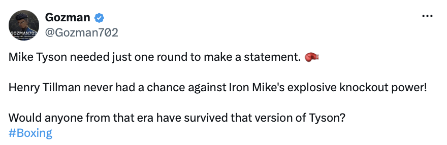 Donald J. Trump posted a message celebrating Mike Tyson's knockout of Henry Tillman on Truth Social on 07/05/2026.