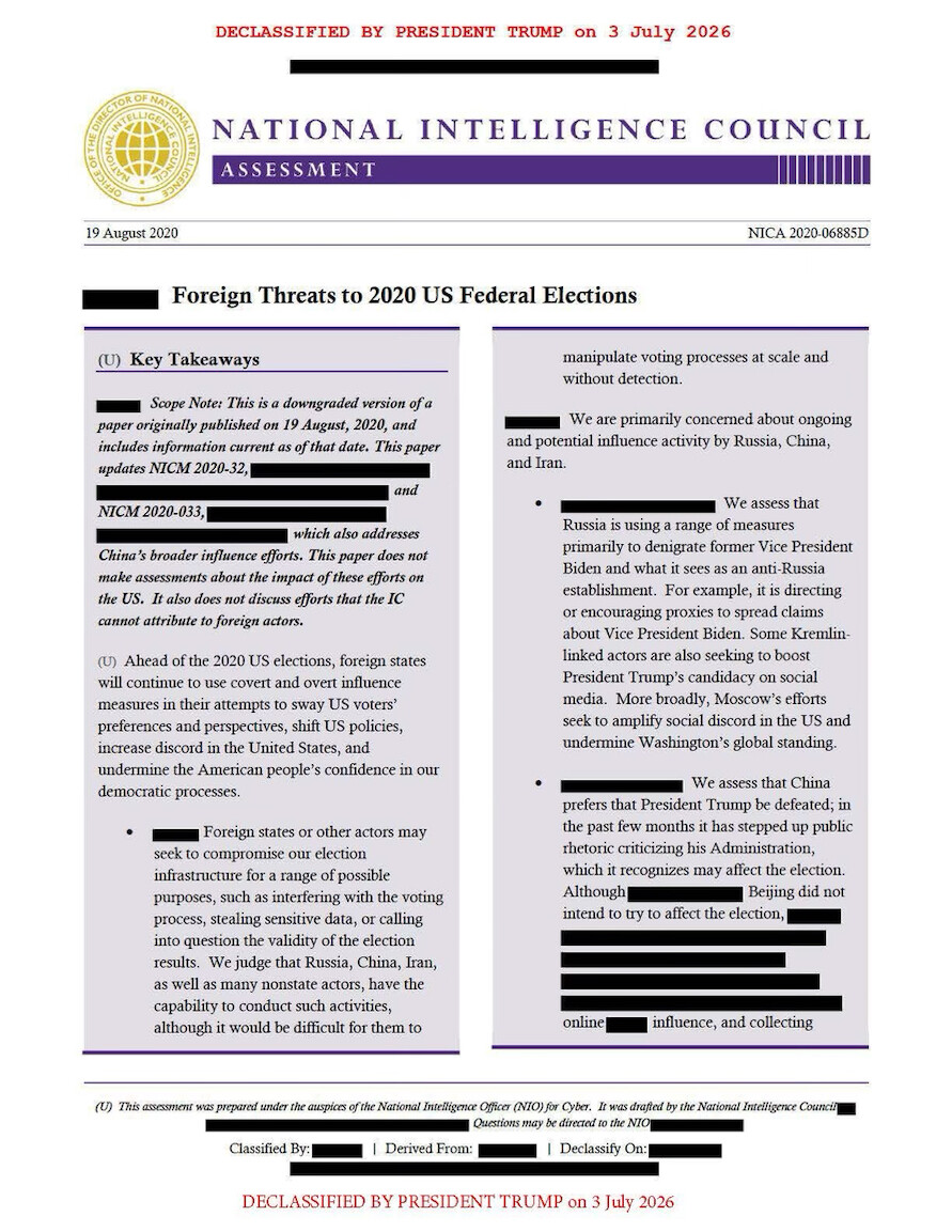 The NATIONAL INTELLIGENCE COUNCIL ASSESSMENT NICA 2020-06885D Foreign Threats to 2020 US Federal Elections is pictured at Washington D.C. on 07/21/2026.