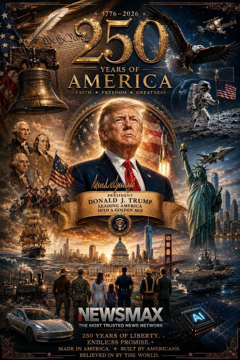 President Donald J. Trump posed on a Newsmax-branded promotional poster on Truth Social on 07/10/2026.