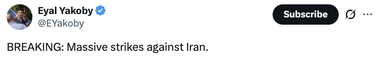 President Donald J. Trump shared a screenshot of a social media post reporting 'Massive strikes against Iran' at the White House on 07/07/2026.