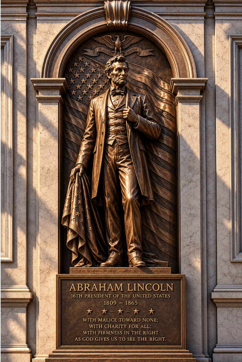 A rendering of President Abraham Lincoln is displayed on Truth Social on 07/05/2026. This image reveals the first statue chosen for a proposed Triumphal Arch monument in Washington D.C., a project Donald J.