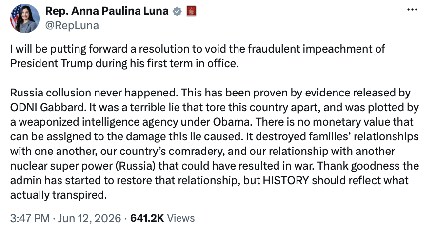 Rep. Anna Paulina Luna posted a message on Truth Social on 06/12/2026.