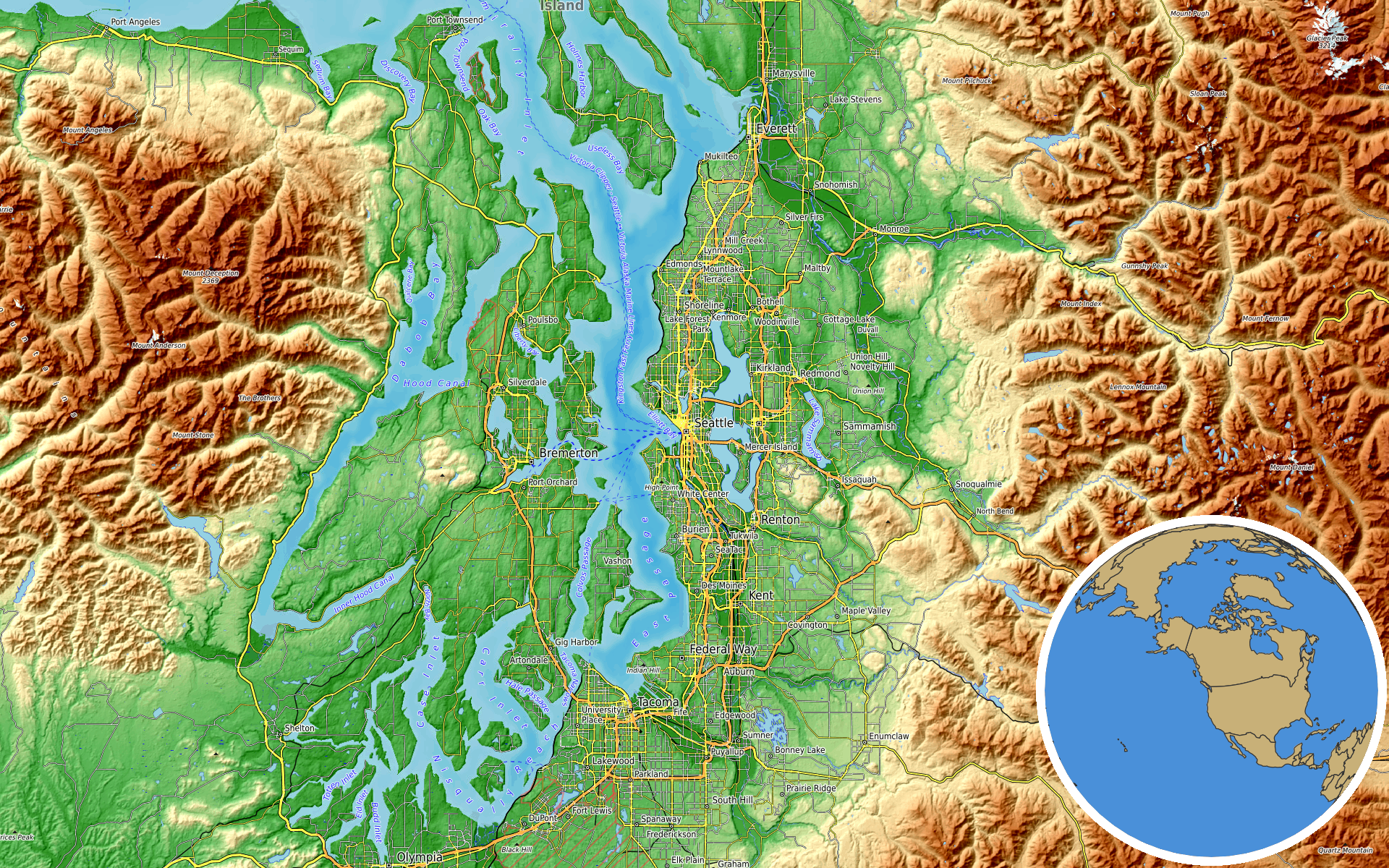 OpenTopoMap / Natural Earth - Seattle, Washington