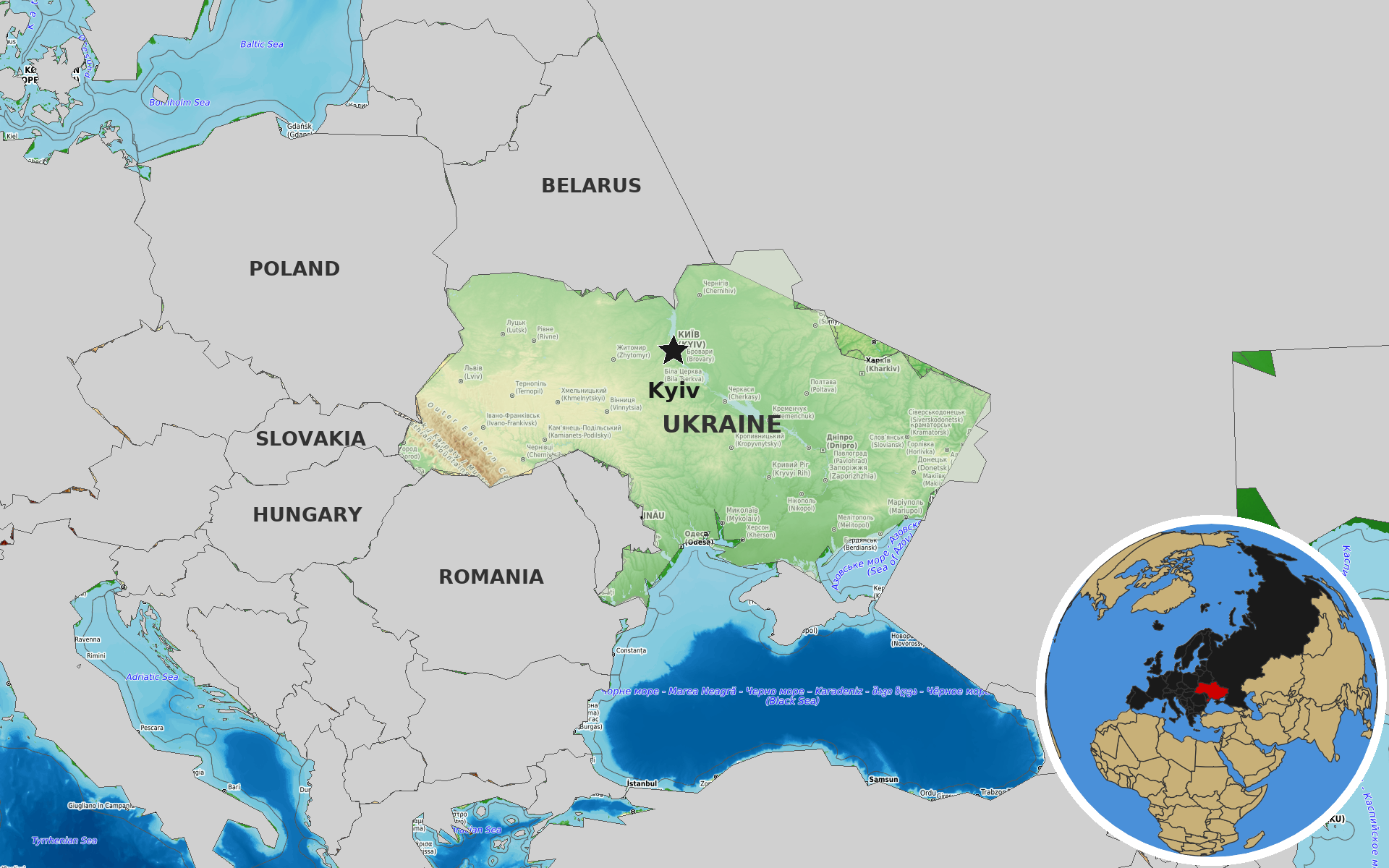 Source: OpenTopoMap / Natural Earth - Ukraine
Note: Map generated by NewsFindr for Ukraine on July 8, 2026 at 8:45 AM EST