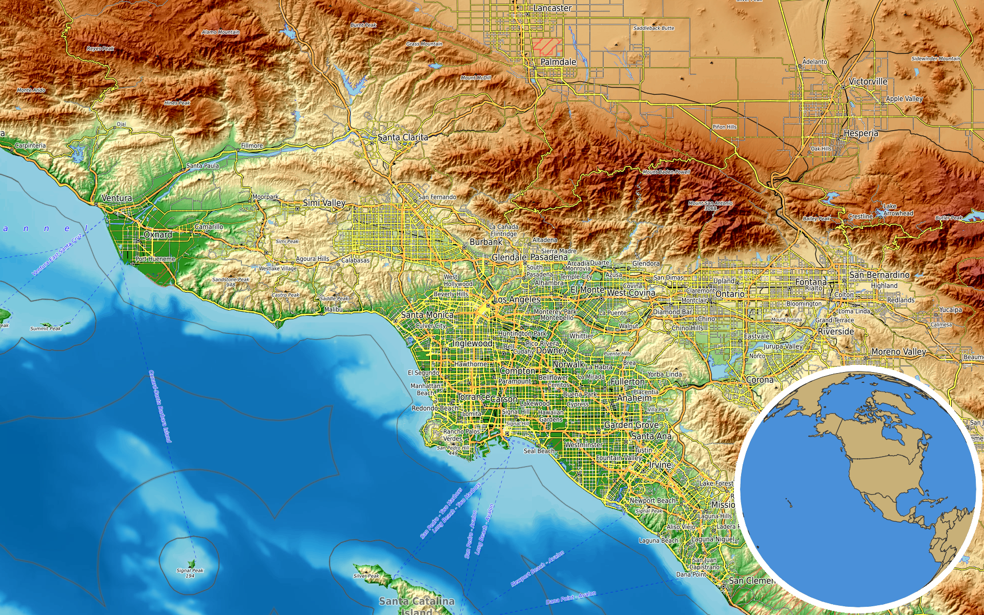 OpenTopoMap / Natural Earth - Los Angeles, California