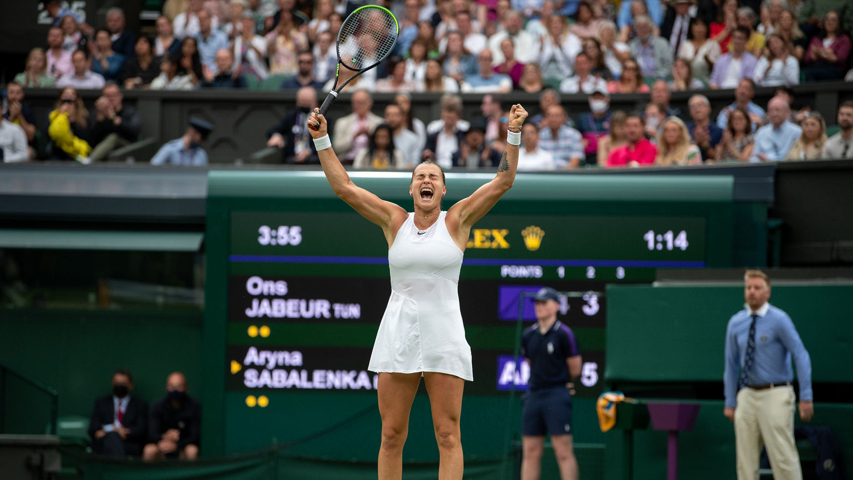 Aryna Sabalenka celebrates winning against Ons Jabeur in the quarter-final of the Ladies' Singles on Centre Court at The Championships 2021 in All England Lawn Tennis Club on July 6, 2021 at 12:55 AM. Photo: AELTC/Jonathan Nackstrand.