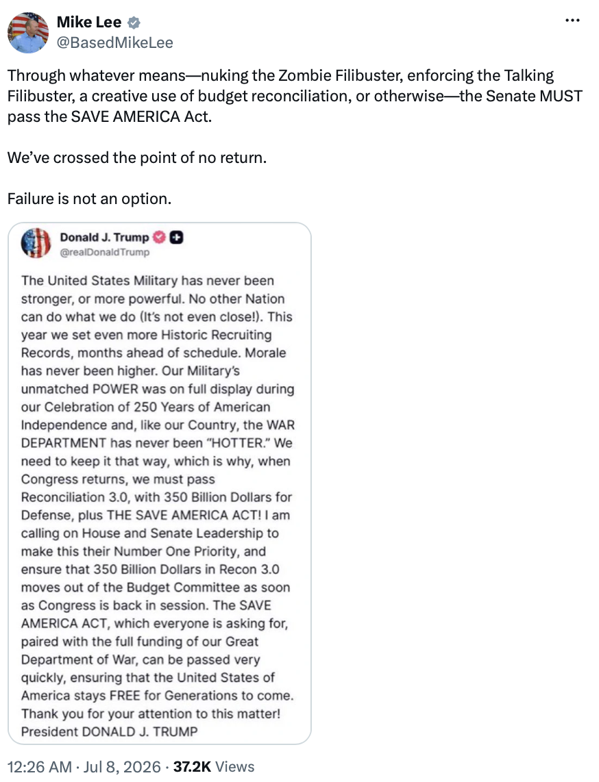 U.S. Senator Mike Lee posted a message on Truth Social on 07/08/2026.