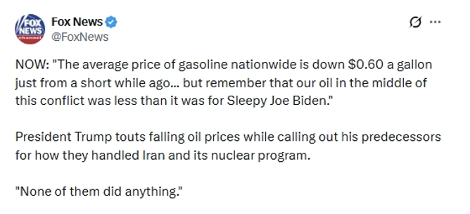 Donald J. Trump shared a post touting a drop in gasoline prices and criticizing predecessors on Truth Social on 07/05/2026.