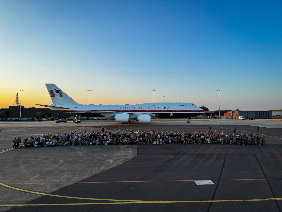 The new Air Force One, a Boeing 747-8-based VC-25B, is displayed to military personnel at RAF Mildenhall, England, on 07/08/2026. This aircraft is the replacement for the aging VC-25A fleet and was showcased to service members during its return trip from Turkey.