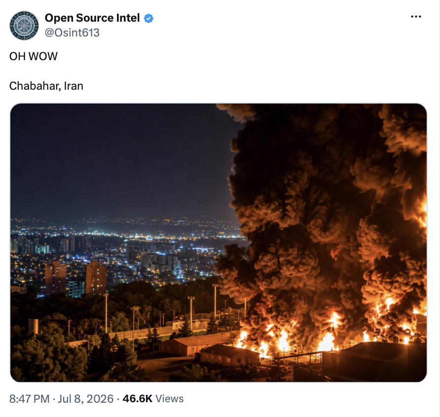 A massive fire and explosion engulfs an industrial or port-adjacent facility in Chabahar, Iran, on 07/08/2026. Former President Donald J.