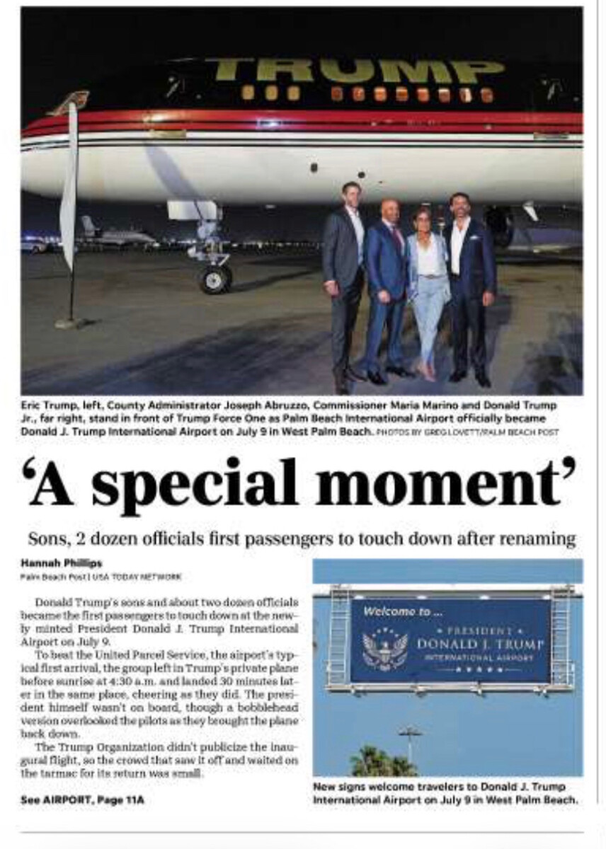 Eric Trump, left, County Administrator Joseph Abruzzo, Commissioner Maria Marino and Donald Trump Jr. stand in front of Trump Force One at West Palm Beach, Florida, on 07/09/2026.