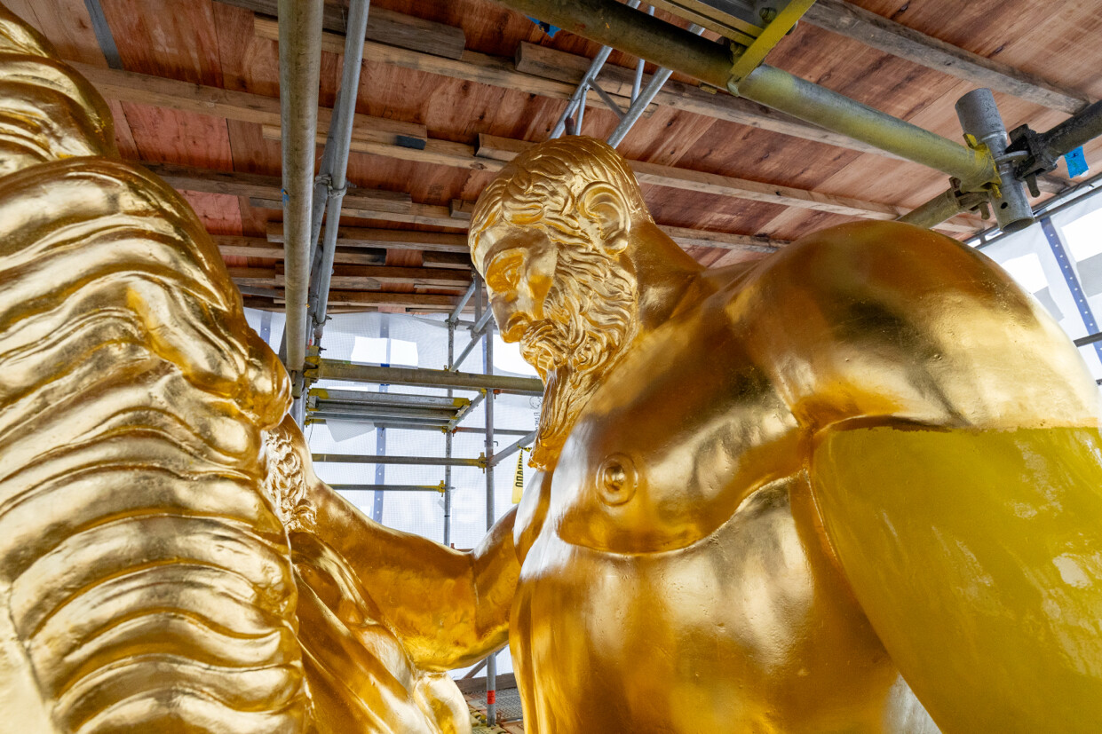 A monumental gilded sculpture undergoes restoration at an undisclosed location on 07/05/2026. Former President Donald J.