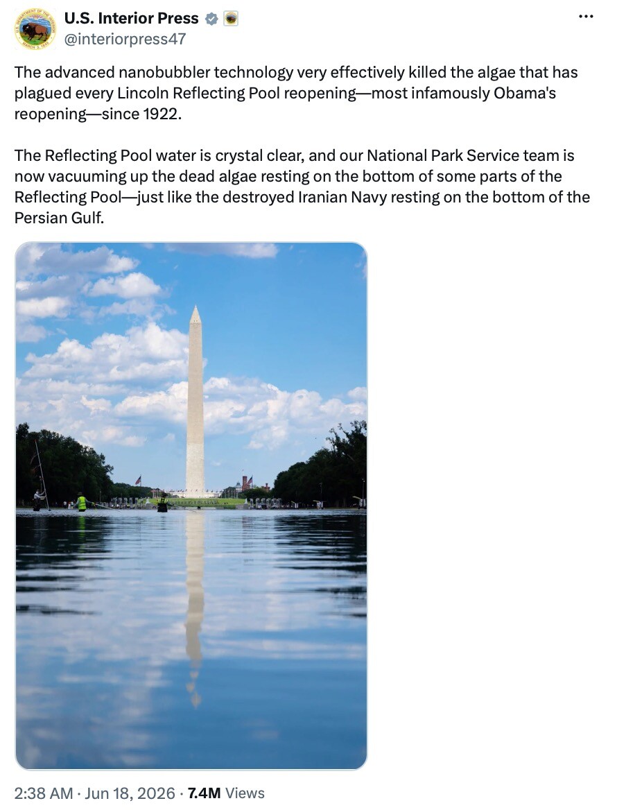 The Washington Monument is reflected in the Lincoln Reflecting Pool in Washington, D.C., on 06/18/2026. The clear water, attributed to new nanobubbler technology, was featured in a U.S.