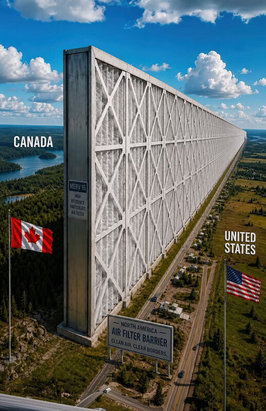 President Donald J. Trump posted a digital illustration depicting an enormous gridded structure resembling an industrial air filter dividing the United States and Canada at WASHINGTON D.C.