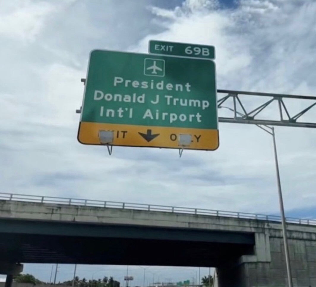A highway sign for President Donald J. Trump International Airport is displayed on Interstate 95 in South Florida on 07/10/2026.