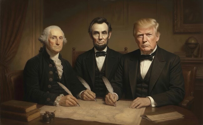 47th President Donald J. Trump is pictured in a digitally composed image with figures resembling George Washington and Abraham Lincoln at WASHINGTON D.C.