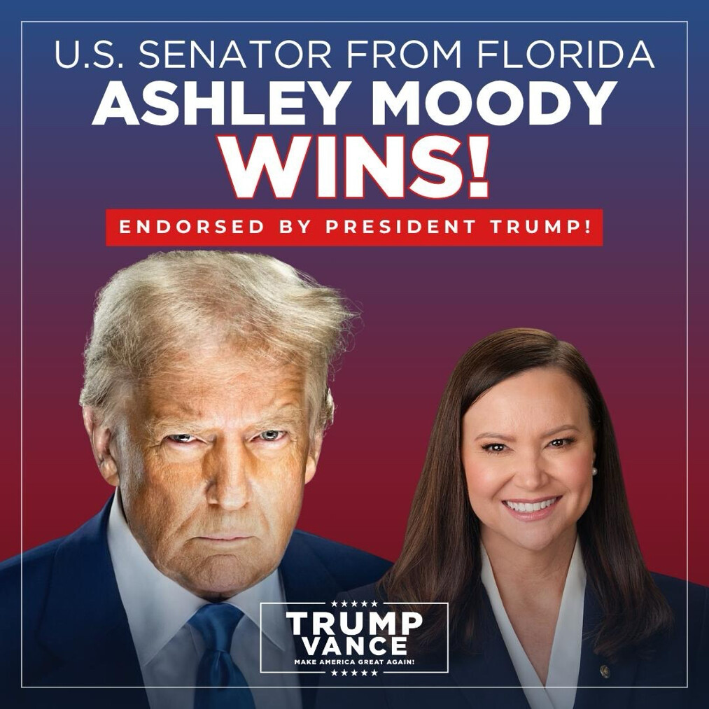 A graphic featuring portraits of Donald J. Trump and Ashley Moody was posted by Donald J.