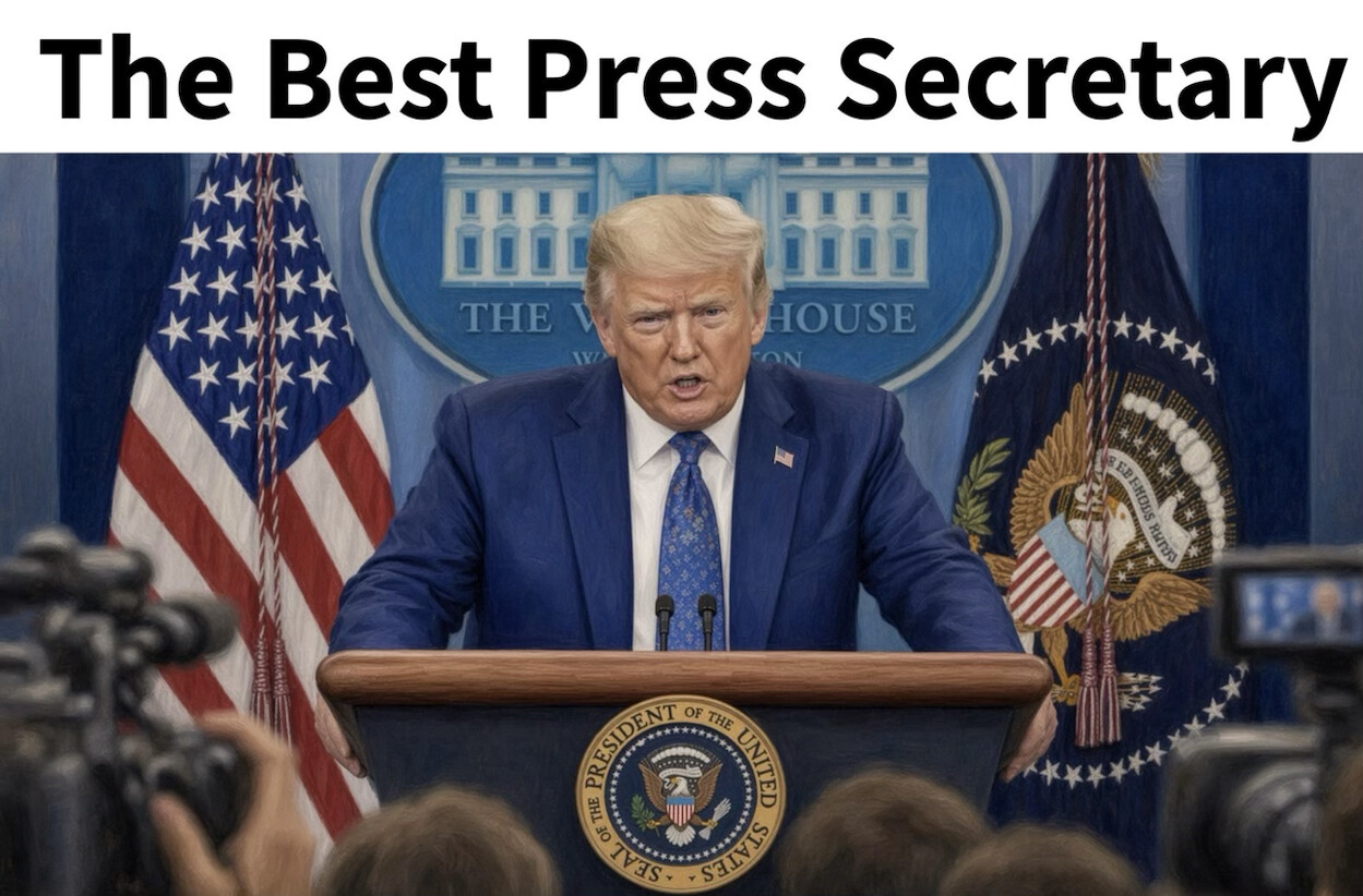 President Donald J. Trump posted a graphic depicting a figure at a presidential lectern flanked by two American flags at Washington D.C.