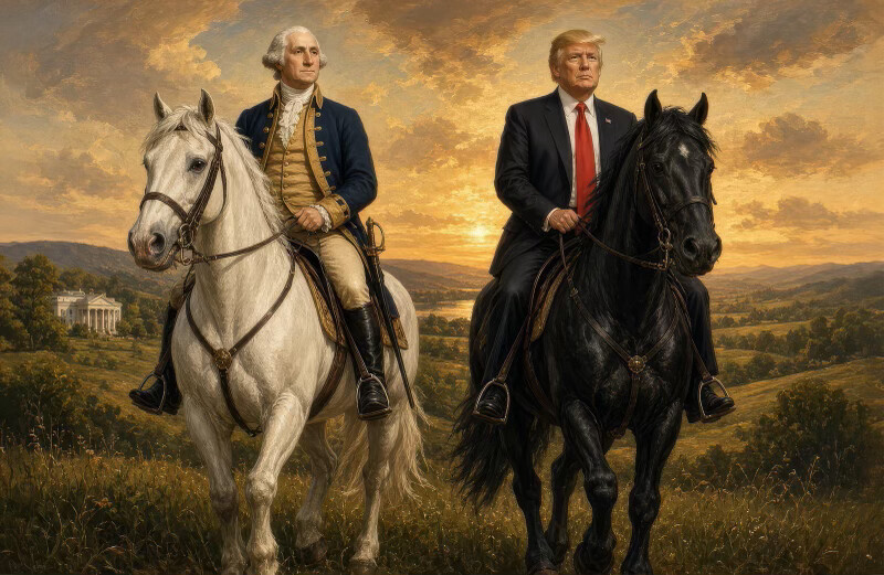 President Donald J. Trump posted an AI-generated image depicting himself riding alongside George Washington at WASHINGTON D.C.