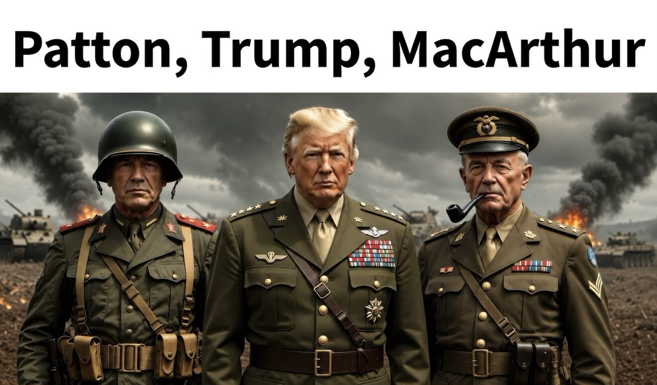 President Donald J. Trump posed in a digitally altered image between Gen.